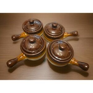 Vintage Set Of 4 Stoneware French Onion Soup/Chili Crocks with Lids Brown Glazed